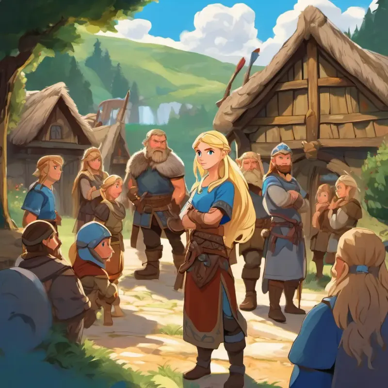 Blonde hair, blue eyes, brave and determined Viking girl standing with her Strong and rugged Vikings with different hair and eye colors at the village entrance, Blonde hair, blue eyes, brave and determined Viking girl's father giving her a hug, and the villagers cheering and listening to their exciting stories.