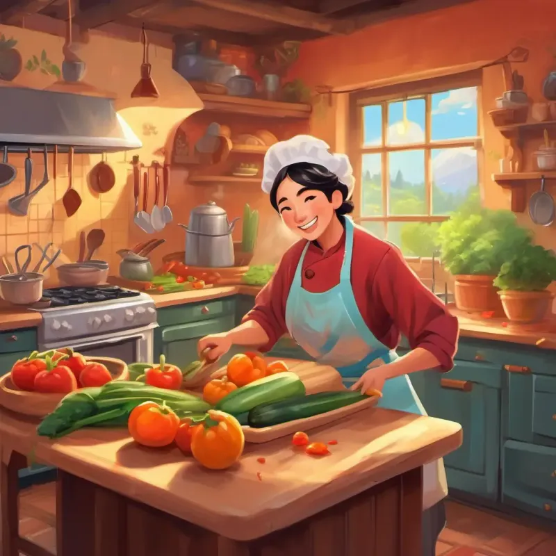 Kitchen with colorful walls, Cheerful chef with a big smile and a colorful apron chopping vegetables, a friendly dog wiggling nearby.