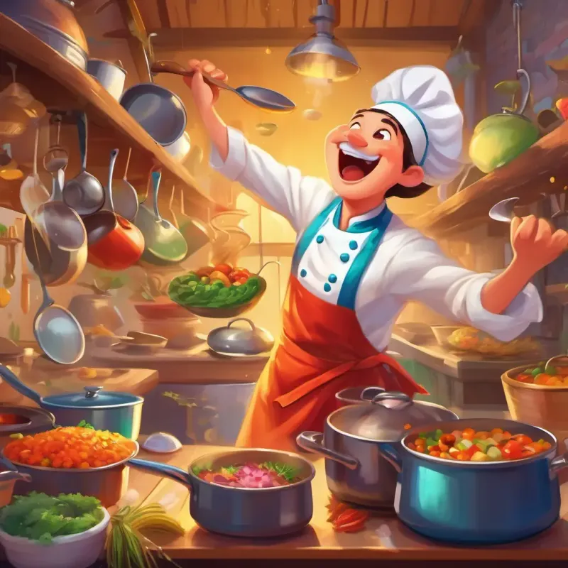 Cheerful chef with a big smile and a colorful apron dancing and singing, pots and pans clanging, colorful ingredients flying around.