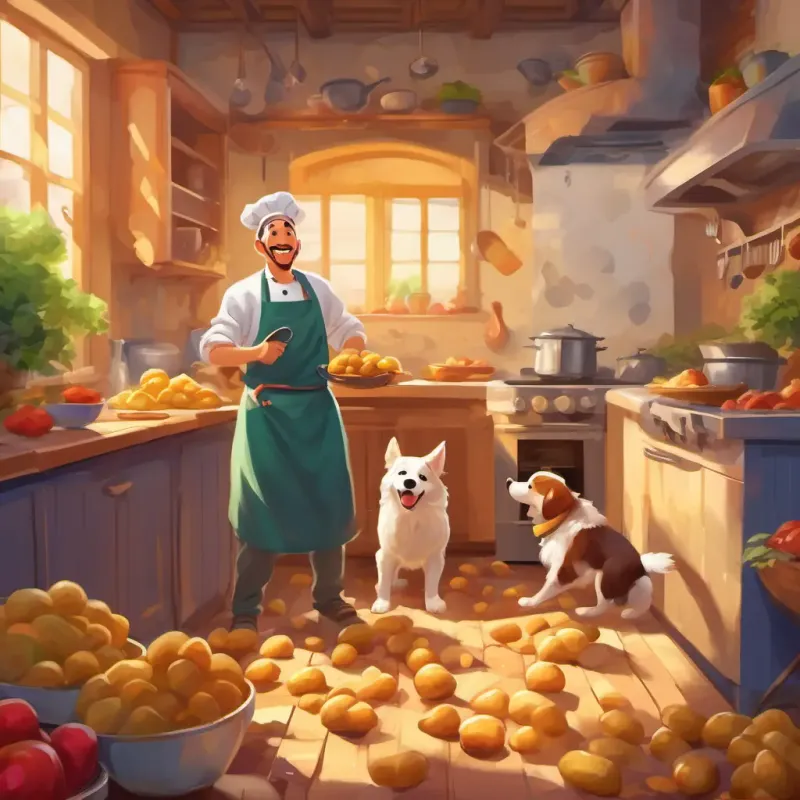 Potatoes tumbling and bouncing, a joyful mess on the kitchen floor, Cheerful chef with a big smile and a colorful apron and his dog scrambling to catch them.