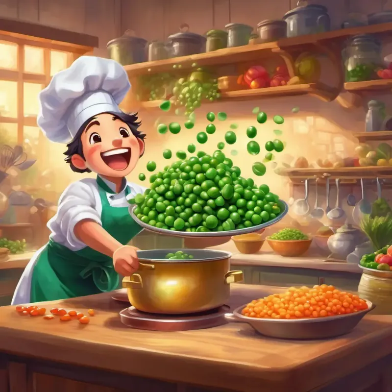 Peas jumping and rolling, clinking sounds as they hit the counter, Cheerful chef with a big smile and a colorful apron trying to catch them with a giggle.