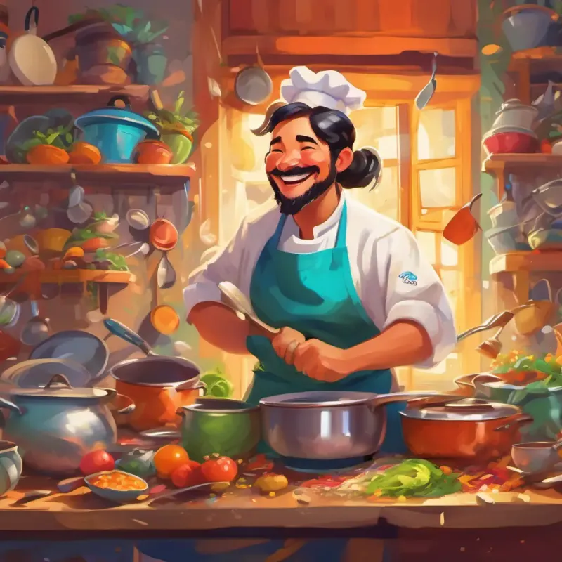 Cheerful chef with a big smile and a colorful apron amidst the chaos, smiling and laughing, pots and pans clattering, everything in colorful disarray.