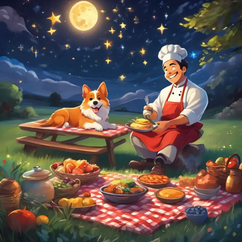 Cheerful chef with a big smile and a colorful apron, his dog, and the flying ingredients, enjoying a magical meal on a picnic blanket under a starry night sky.