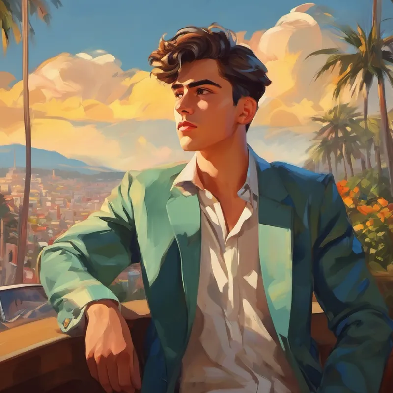 A young man with a determined look in his eyes, wearing stylish clothes. dreaming of Hollywood