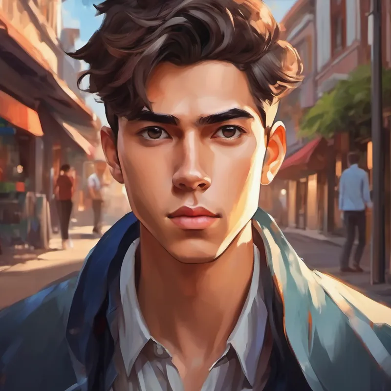 A young man with a determined look in his eyes, wearing stylish clothes. inspiring others