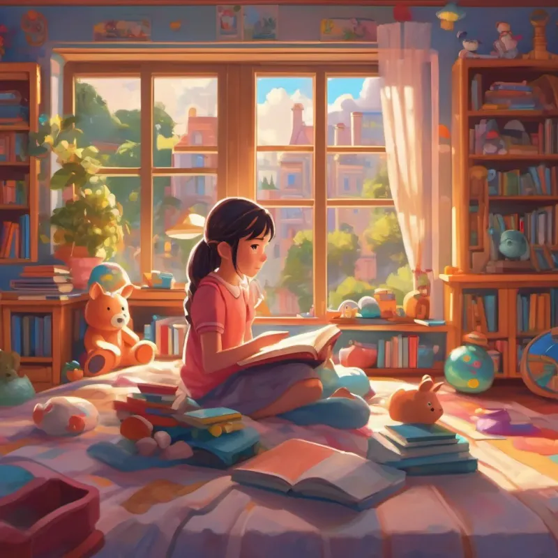 A young girl with pigtails waking up in a colorful bedroom filled with toys and books, morning light streaming through the window.
