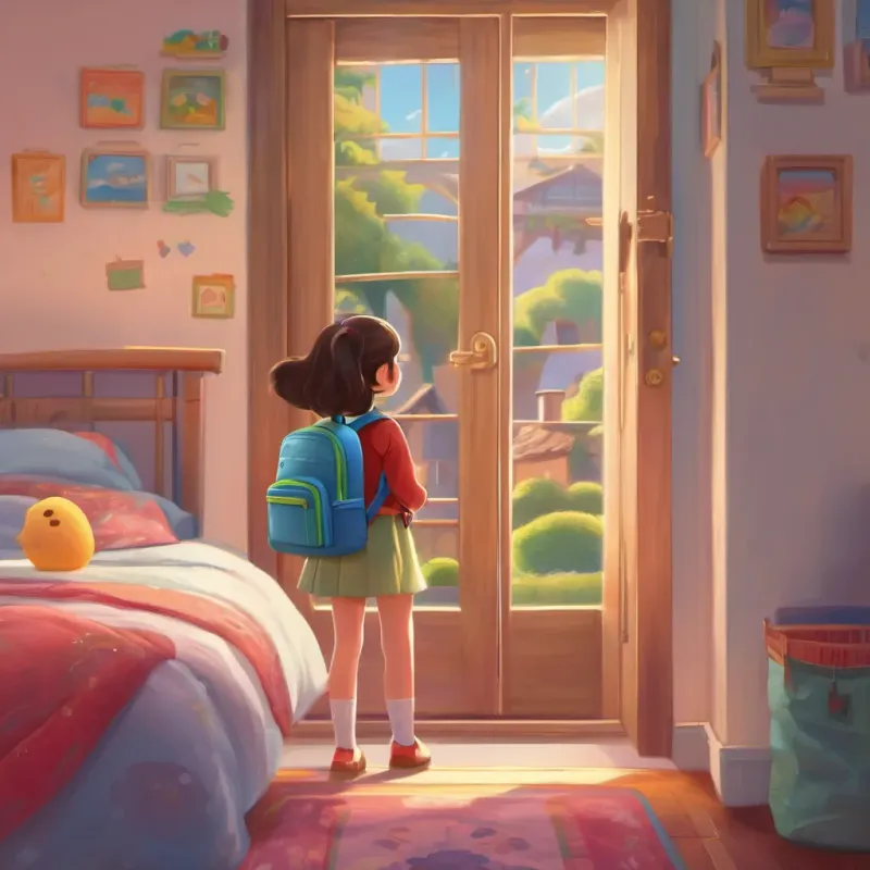 A cheery kindergarten girl holding a brightly colored backpack, standing at her bedroom door, feeling both happy and a little nervous.
