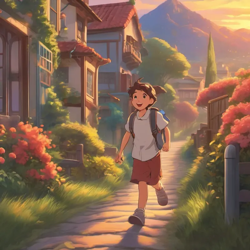 A happy child walking home from school, a radiant sunset coloring the sky with various shades.