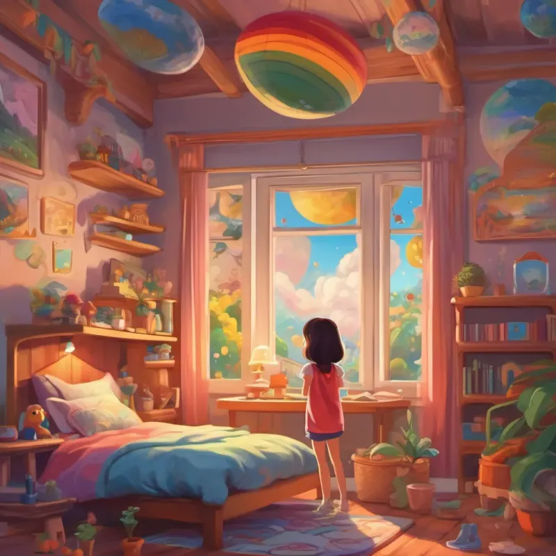 A cheerful little girl dreaming in her colorful bedroom, surrounded by her day's adventures in her imagination.