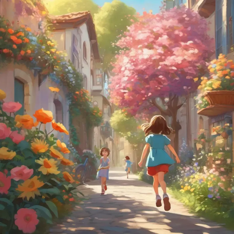 A sunny day with vibrant flowers and cheerful birds, a little girl skipping happily down the sidewalk.