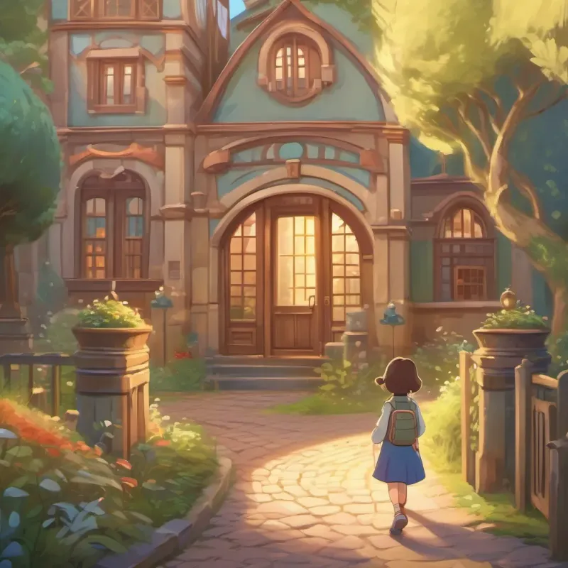 A whimsical path leading to a charming school building, with a little girl looking excited and hopeful.