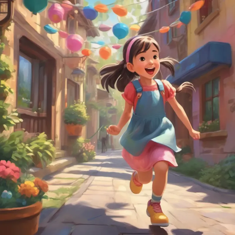 A joyful little girl with pigtails skipping down the sidewalk, singing and tapping her colorful shoes.