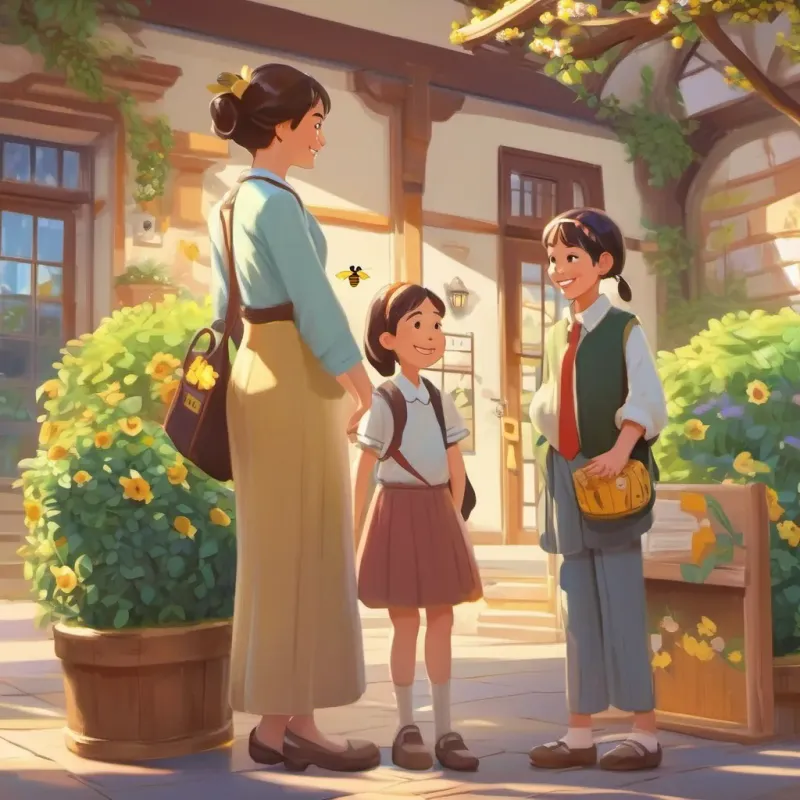 A cheerful teacher with bee-themed accessories, warmly welcoming a young girl with a big smile at the school entrance.