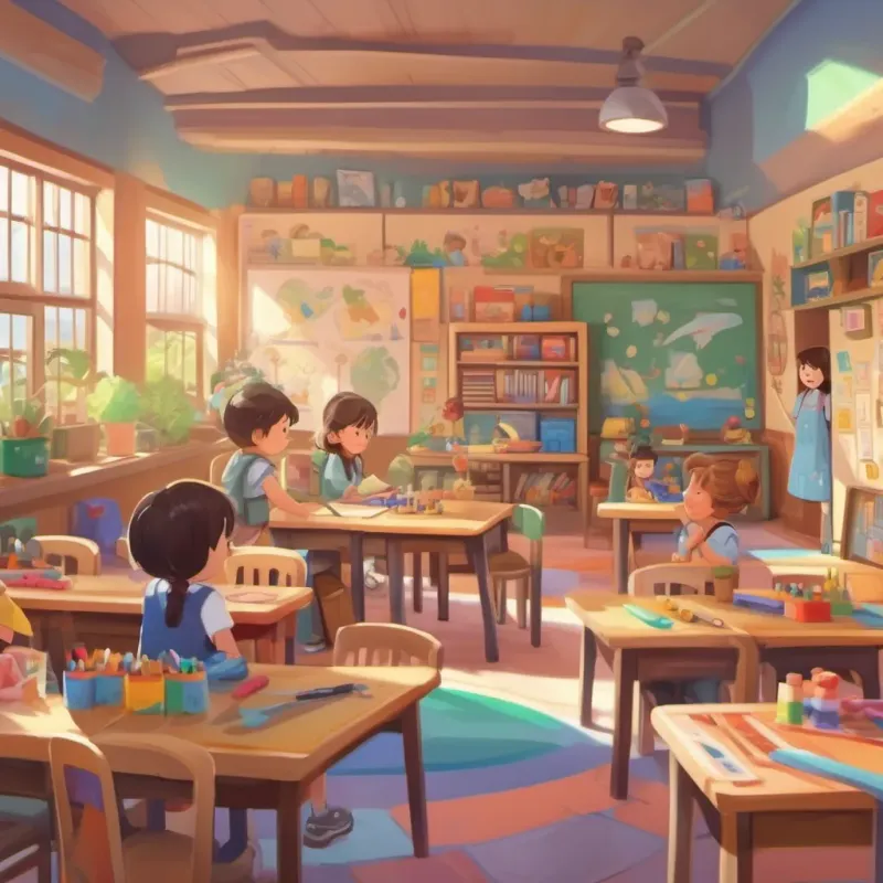 A colorful kindergarten classroom full of children sharing art supplies and happily chatting.