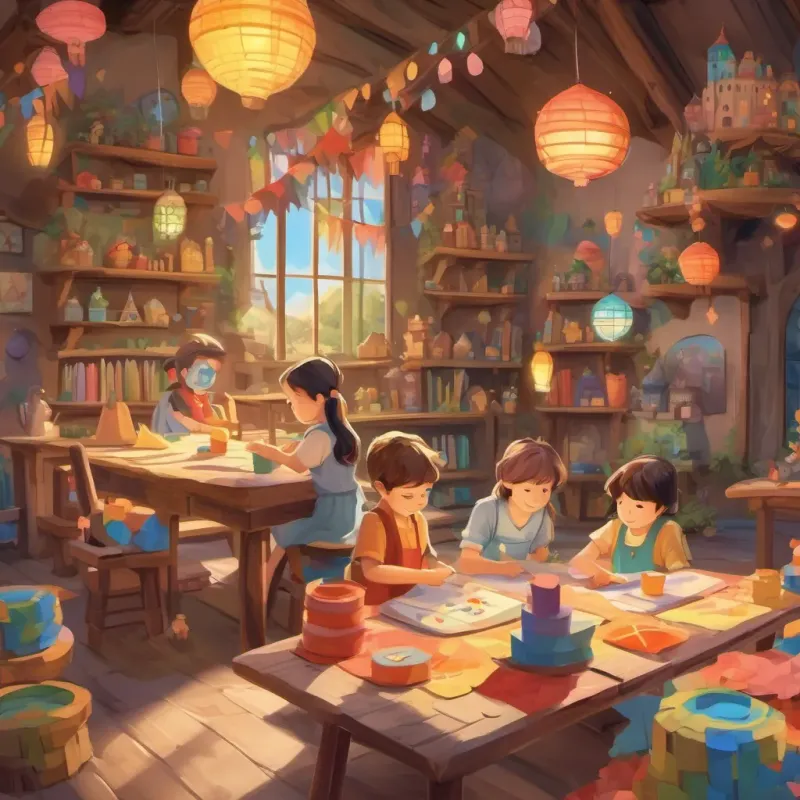 Children sitting at a table, making art projects, with colorful paper castles coming to life as if in a fairy tale.