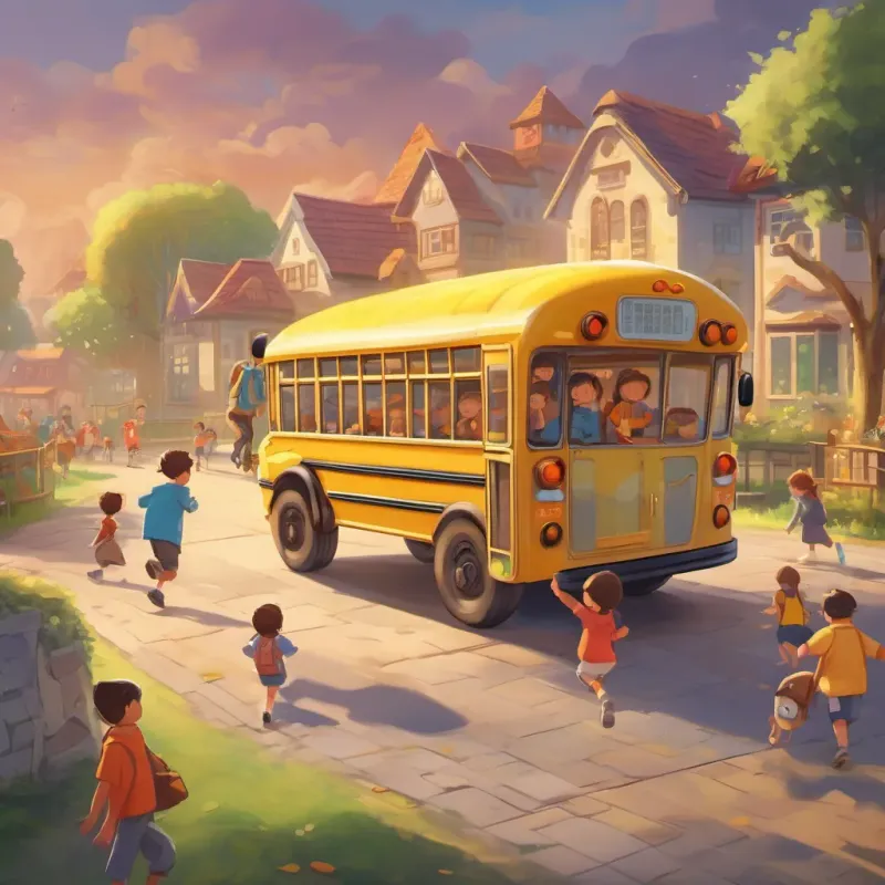 A bright yellow school bus arriving at a kindergarten playground, children running towards it with excitement.