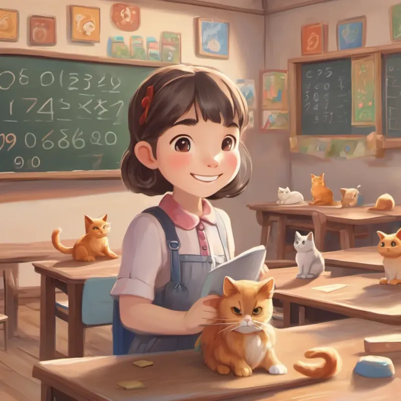 A young girl in a classroom, holding up a clay cat figure and smiling proudly with numbers and letters on the blackboard.