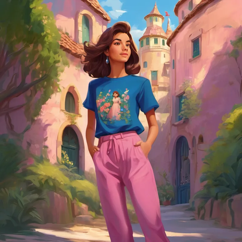 Cata - cabello rubio, camiseta rosa, pantalones azules, Gaby - cabello castaño, camiseta morada, falda verde, Disney