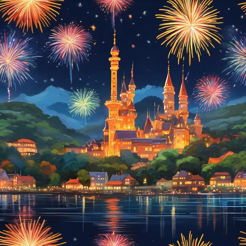 Espectáculo de fuegos artificiales, castillo