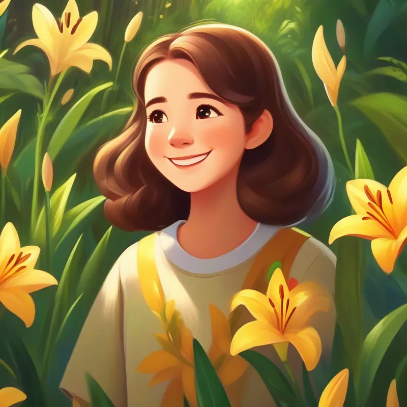 Lily with brown hair and a bright smile with her ears listening attentively to nature