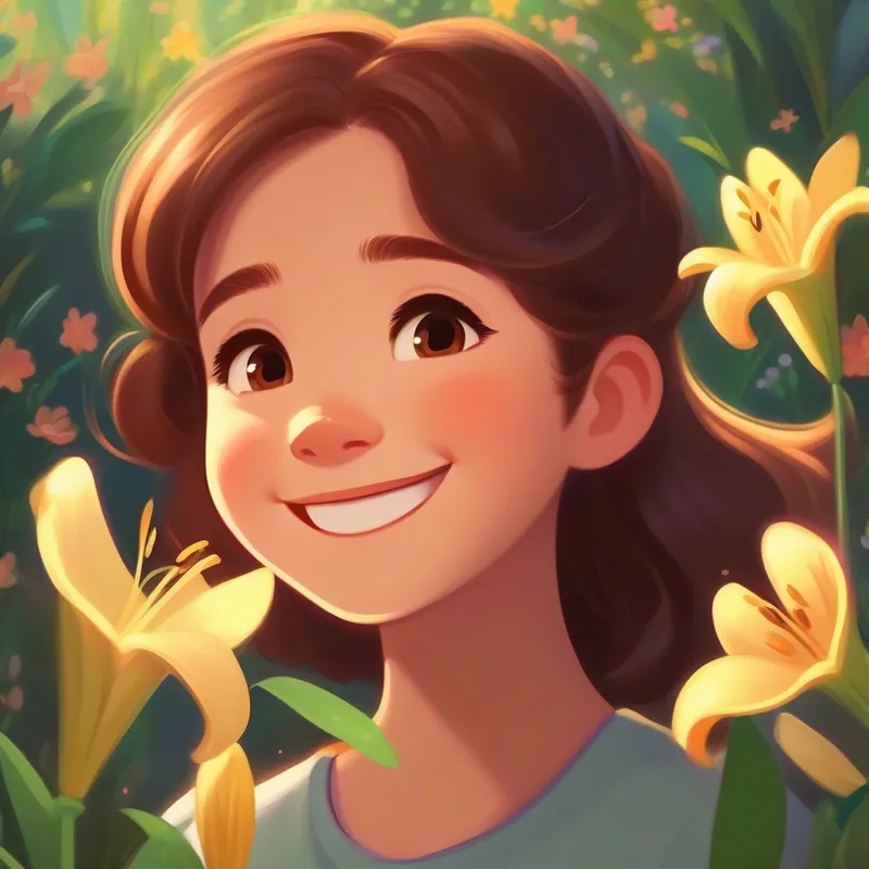 Lily with brown hair and a bright smile with an open heart listening to her friends
