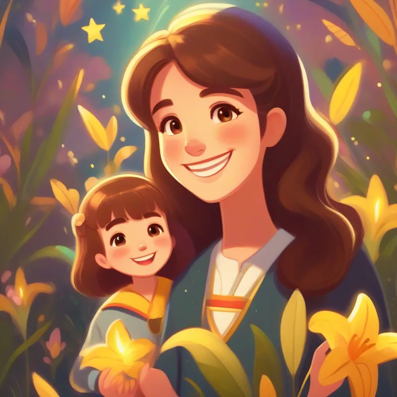 Lily with brown hair and a bright smile with her teacher, receiving praise and a gold star