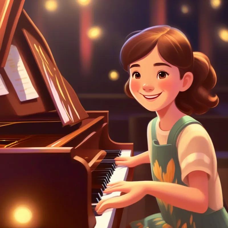 Lily with brown hair and a bright smile playing the piano at the talent show