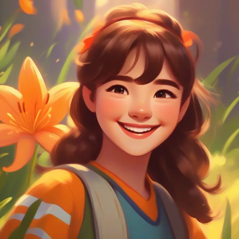 Lily with brown hair and a bright smile with a big smile, feeling proud