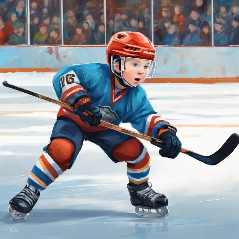 Once upon a time, in the small town of Maplewood, there lived a little boy named Alex. Alex had fiery red hair and bright blue eyes, and he always dreamed of becoming a professional hockey player. He loved the sound of skates gliding on the ice, the feel of the cold air against his face, and the thrill of scoring goals. From the moment Alex received his first mini hockey stick, he knew that his destiny was to become the best player he could be. Every day after school, he would rush to the local pond, where he would spend hours practicing his stick-handling and shooting. His determination knew no bounds, and his big dreams filled his heart with excitement.