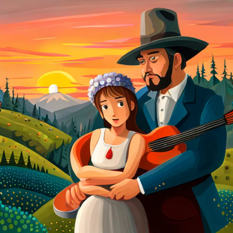 Ein Alter Mann mit grauem Hut und Gehstock mit grauem Hut und eine Junge Frau mit rotem Kleid, Gitarre und Blumenkranz mit rotem Kleid im Zug