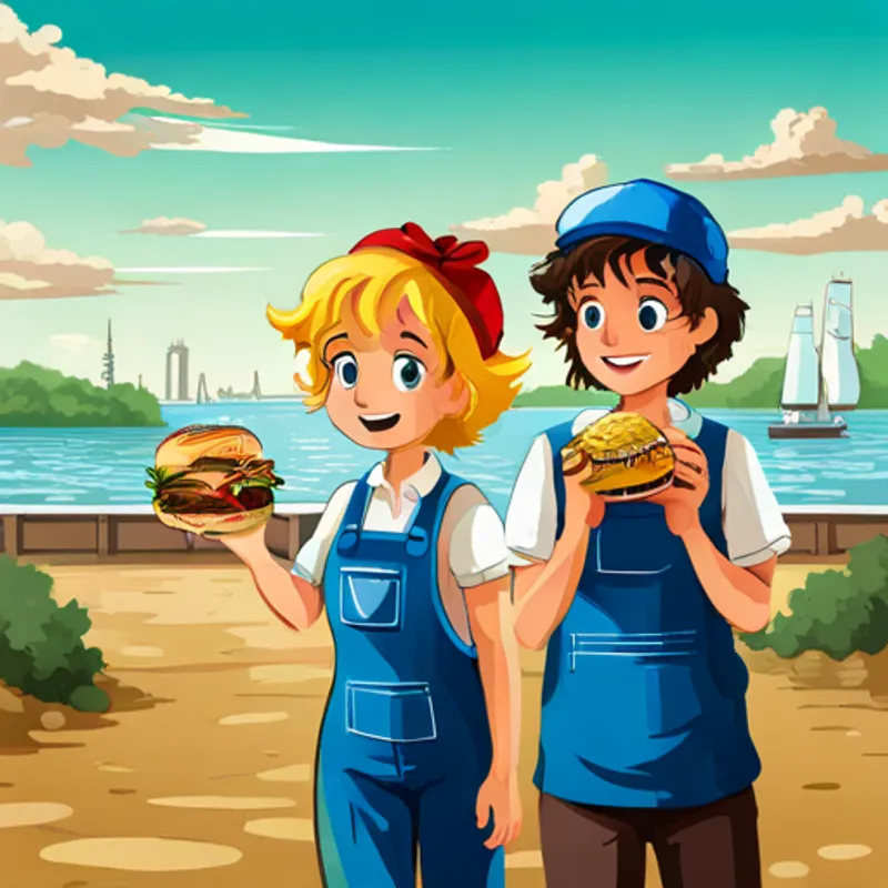 Max: Junge mit braunen Locken und blauer Mütze und Sophie: Mädchen mit blonden Zöpfen und roter Schleife erkunden den Hamburger Hafen