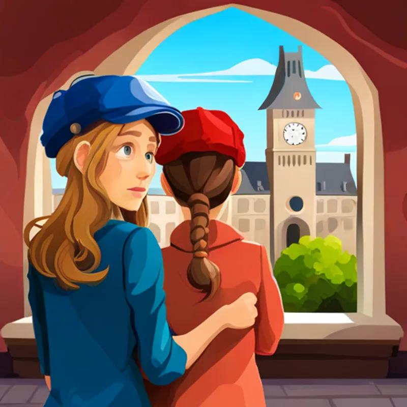 Max: Junge mit braunen Locken und blauer Mütze und Sophie: Mädchen mit blonden Zöpfen und roter Schleife bestaunen das Rathaus und den Ausblick