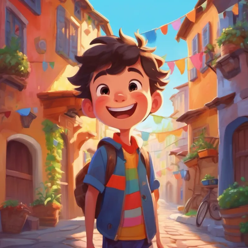 Introduction to Happy boy, loves to laugh, wears colorful clothes, makes funny faces, a happy boy in a colorful town, wants to bake.
