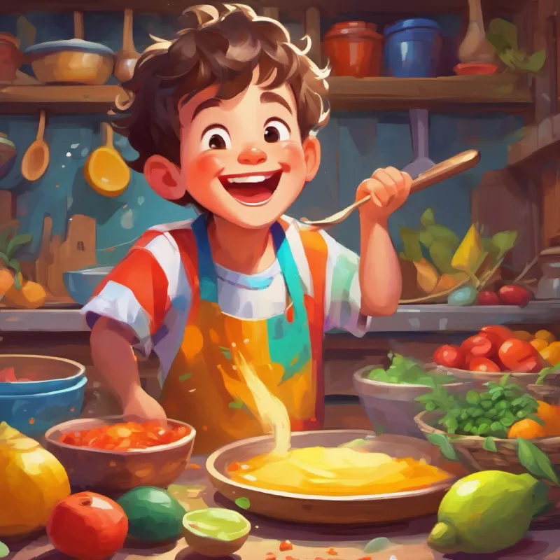 Happy boy, loves to laugh, wears colorful clothes, makes funny faces collects colorful ingredients, ready to bake a masterpiece.