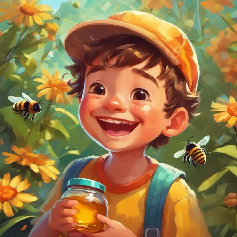 Happy boy, loves to laugh, wears colorful clothes, makes funny faces forgets sugar, decides to use honey from garden bees.
