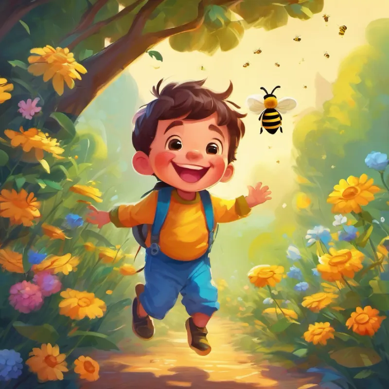 Happy boy, loves to laugh, wears colorful clothes, makes funny faces gets honey from the friendly bees, making them laugh.