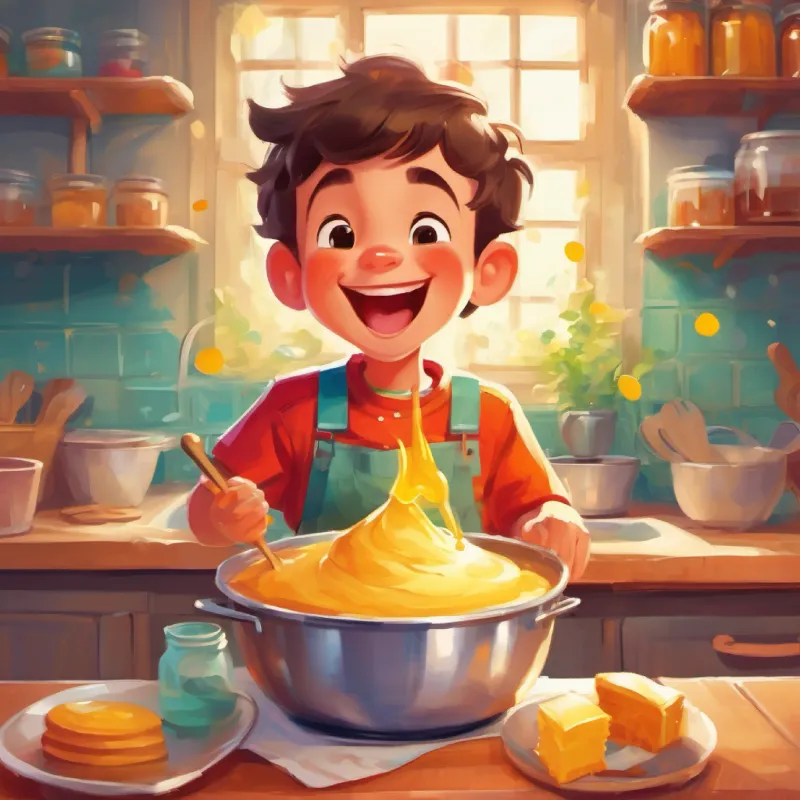 Happy boy, loves to laugh, wears colorful clothes, makes funny faces mixes honey into the batter, bakes the cake, cleans joyfully.