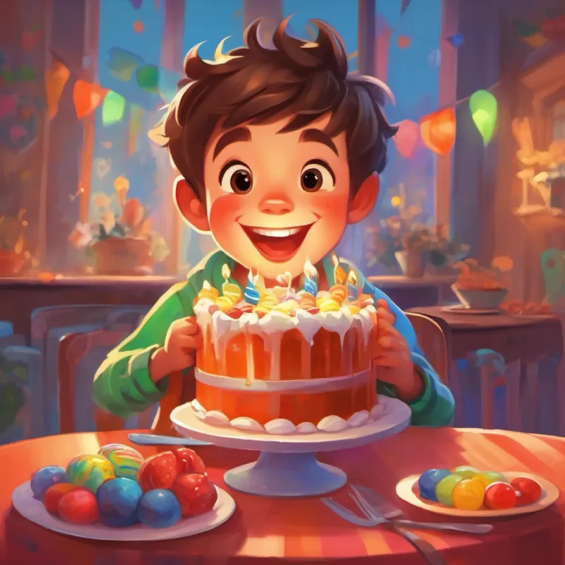 Happy boy, loves to laugh, wears colorful clothes, makes funny faces shares the cake, realizes sharing and kindness make life sweeter.