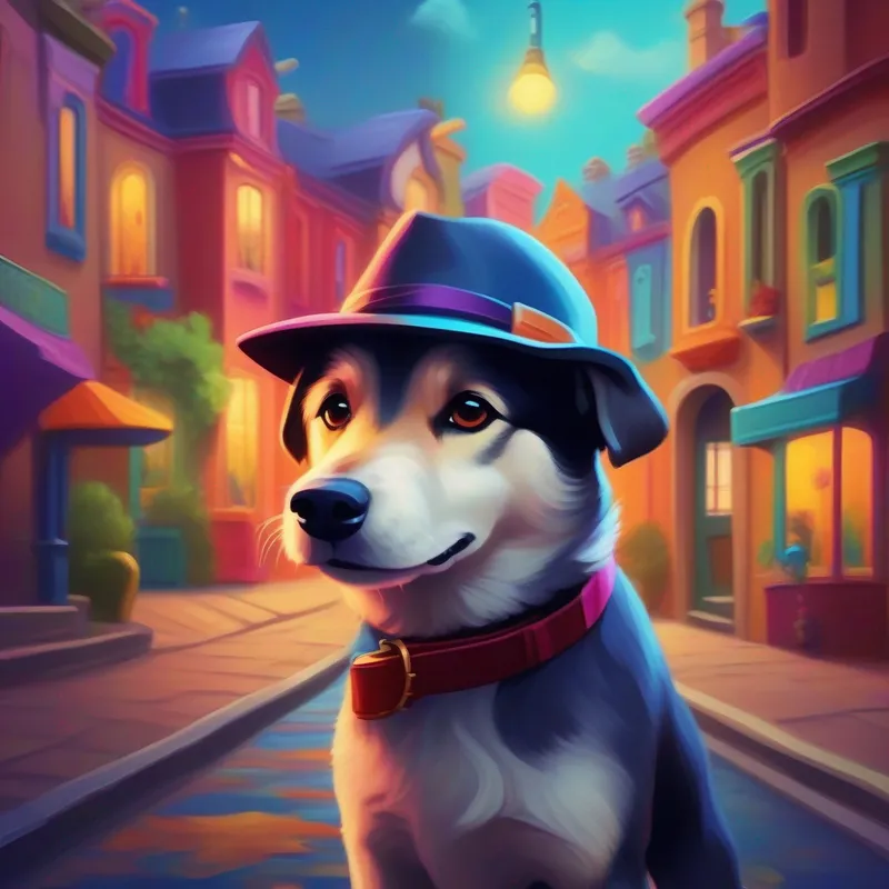 A clever dog in a detective hat, with a wagging tail in a colorful town, ready to solve mysteries