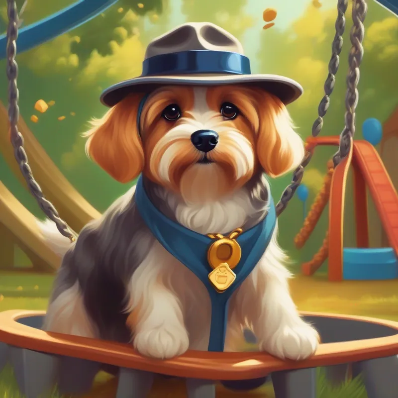 A clever dog in a detective hat, with a wagging tail finding the bracelet near the swing set