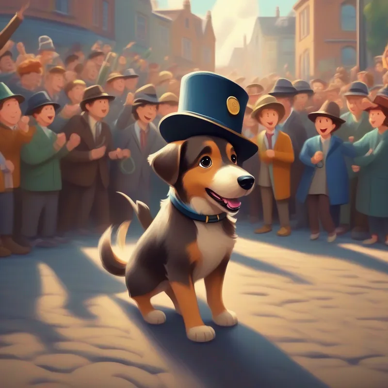 A clever dog in a detective hat, with a wagging tail with a crowd cheering him on