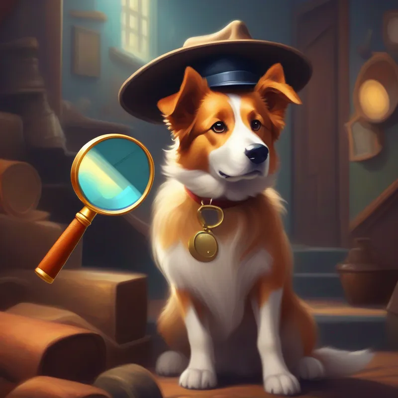 A clever dog in a detective hat, with a wagging tail with a magnifying glass, searching for clues