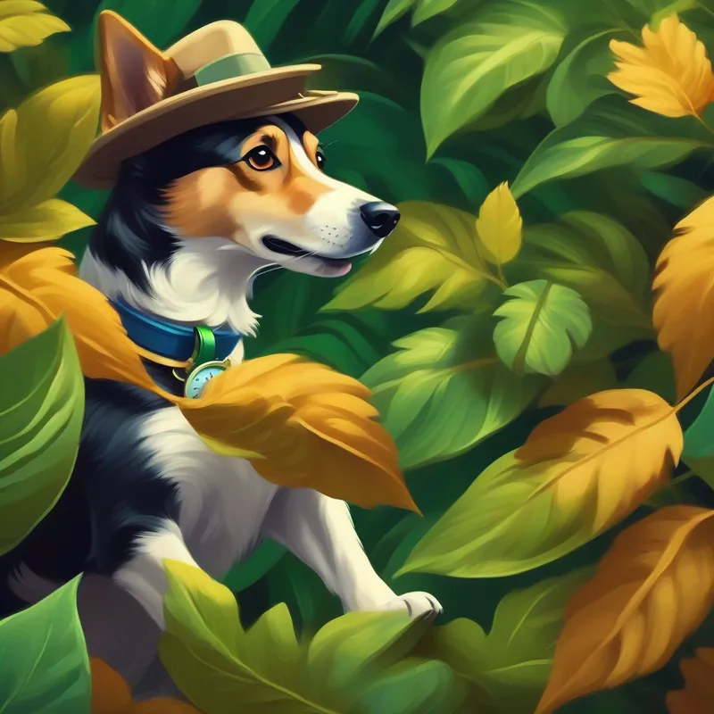 A clever dog in a detective hat, with a wagging tail finding the pocket watch under leaves