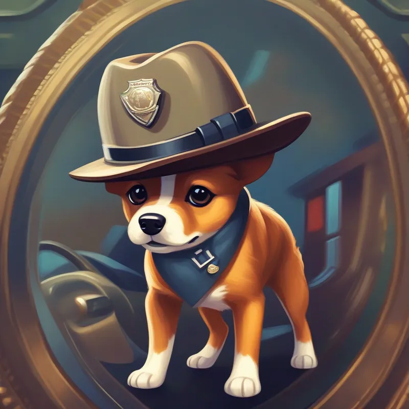 A clever dog in a detective hat, with a wagging tail posing with his shiny detective badge