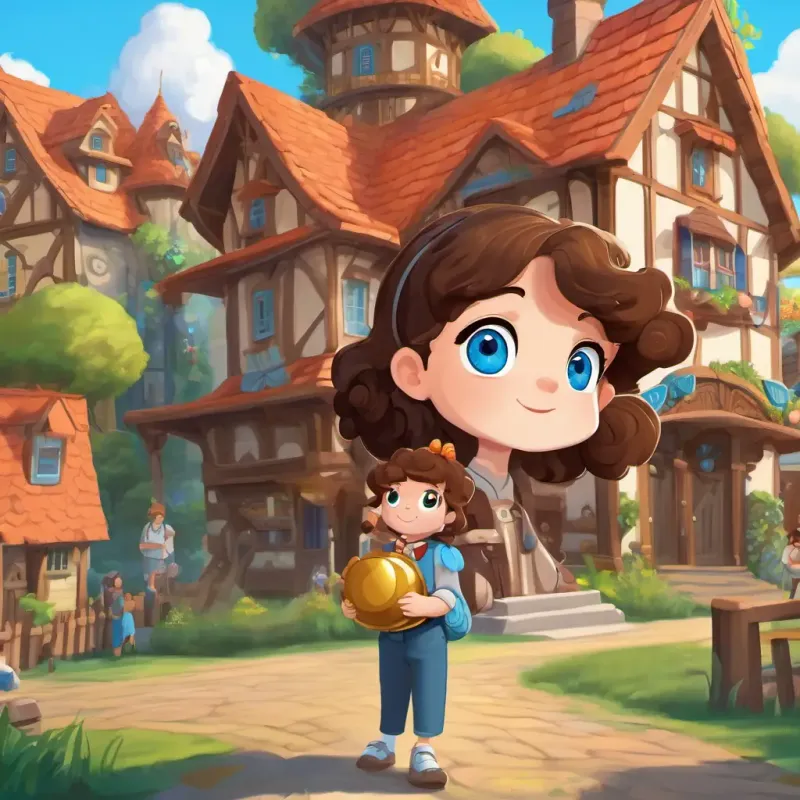 Curly brown hair, big blue eyes with curly brown hair and big blue eyes, Sunnyville town with houses and people, missing pet parade trophy