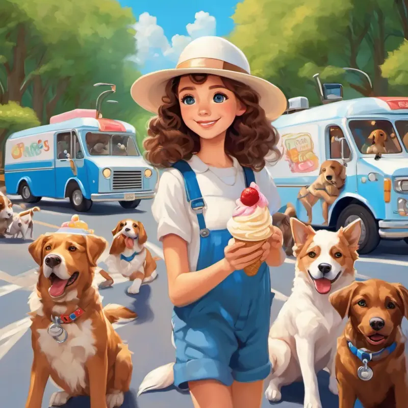 Curly brown hair, big blue eyes asking the Wearing a white hat, holding an ice cream cone and the Carrying a leash and surrounded by happy dogs, ice cream truck and dogs