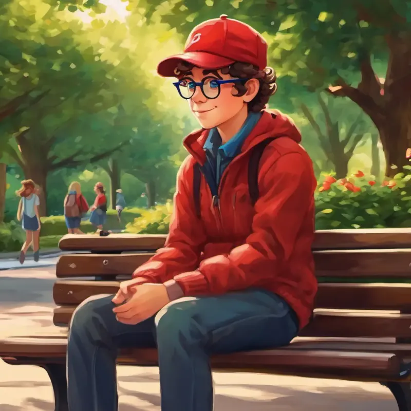 Curly brown hair, big blue eyes at the park, Wearing glasses, sitting on a bench sitting on a bench, Wearing a red hat running