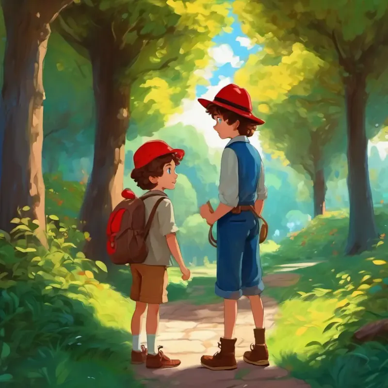 Curly brown hair, big blue eyes talking to the boy with the red hat, park with trees and paths