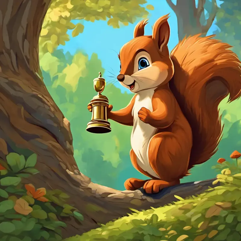 Curly brown hair, big blue eyes talking to the squirrel, squirrel climbing a tree, bush with the trophy