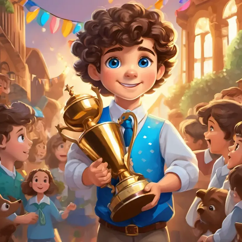 Curly brown hair, big blue eyes returning the trophy, pet parade, celebration